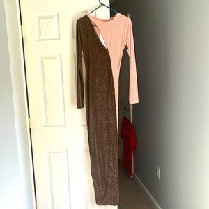 Sexy color block naked body con dress with high thigh slit. Size XL, stretchy.